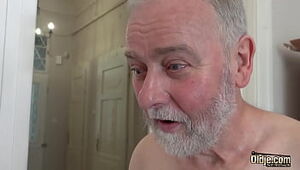 White hair old man has sex with nympho teen that wants his cock insider her