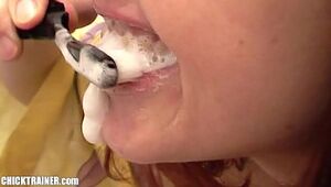 ...and then THIS HAPPENED! Busty little redhead Britney Swallows is brushing her teeth with semen. Plus 2 bonus clips: Chewing cum & a blindfolded jizz swallowing shot. Disgusting homemade Chicktrainer videos!